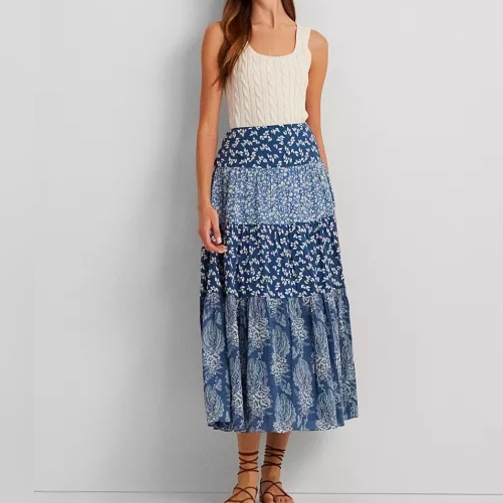 Lauren Ralph Lauren Patchwork Floral A-line Tiered Midi Skirt Size 4 New Fall